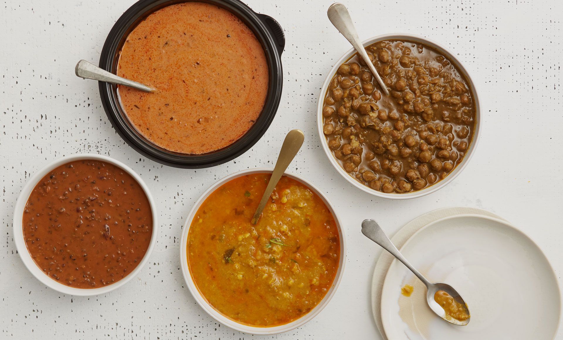 tikka masala, chickpea masala, black lentil daal and yellow lentil daal